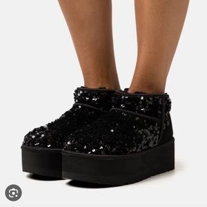🆕UGG PLATFORM ULTRA MINI CHUNKY SEQUINS BLACK SIZE 9 BRAND NEW IN BOX